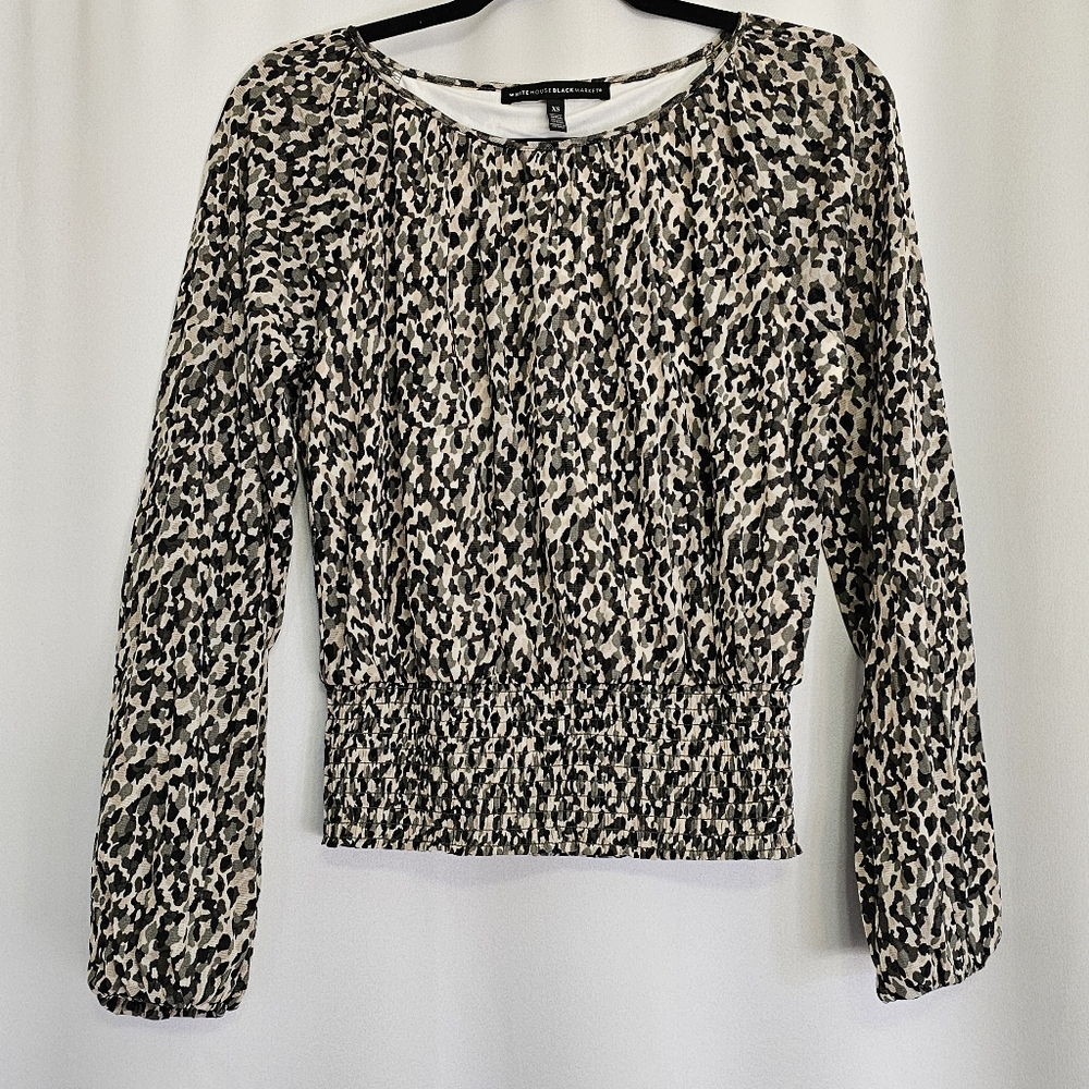 White House Black Market Size XS Camo Blouse Top Long Sleeves Shirred Waist